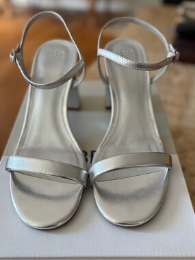 BP Silver Metallic Ankle-Strap Block Heel Sandals